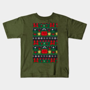 Futuristic Festive: Ugly Red Snowflake Pattern on Green Kids T-Shirt